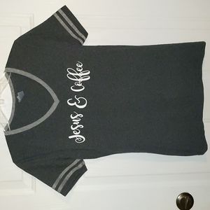 EUC Ladies S/S "Jesus and Coffee" Tshirt Gray and White Size Small